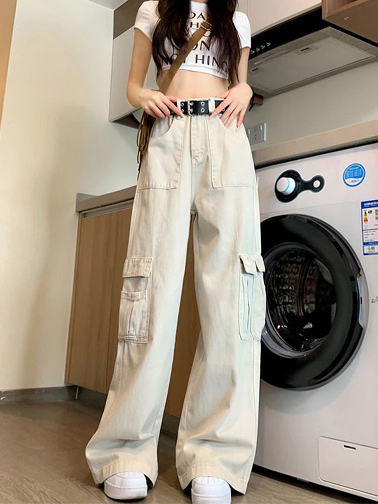 杏色多口袋工裝牛仔褲女秋季新款高腰寬鬆闊腿顯瘦百搭休閒褲子潮