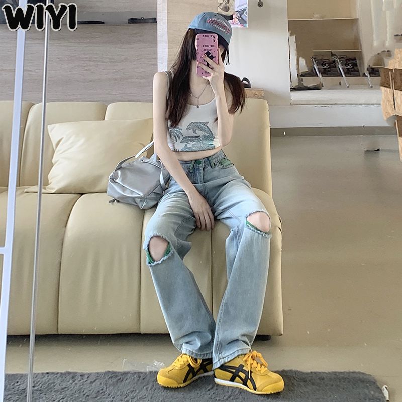 WIYI 設計感破洞牛仔褲女2023秋夏新款寬鬆高腰直筒拖地加長褲子