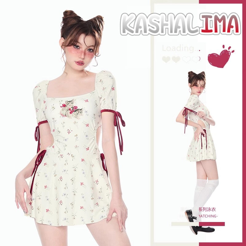 高級感泳衣女新款連體裙式韓ins小貓印花保守遮肚顯瘦純欲少女風