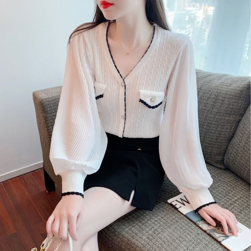 2023 spring new design sense niche small fragrant wind slim lantern sleeves chiffon splicing knitted sweater v-neck top