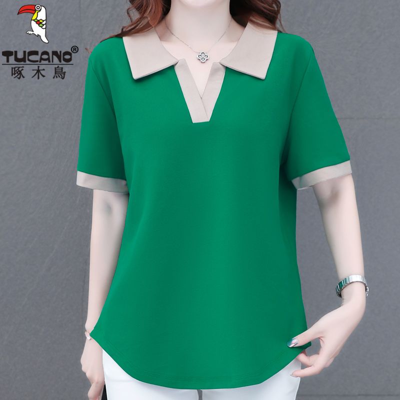 Woodpecker authentic short-sleeved t-shirt women's loose 2023 new large-size summer women's body-fitting printed polo shirt