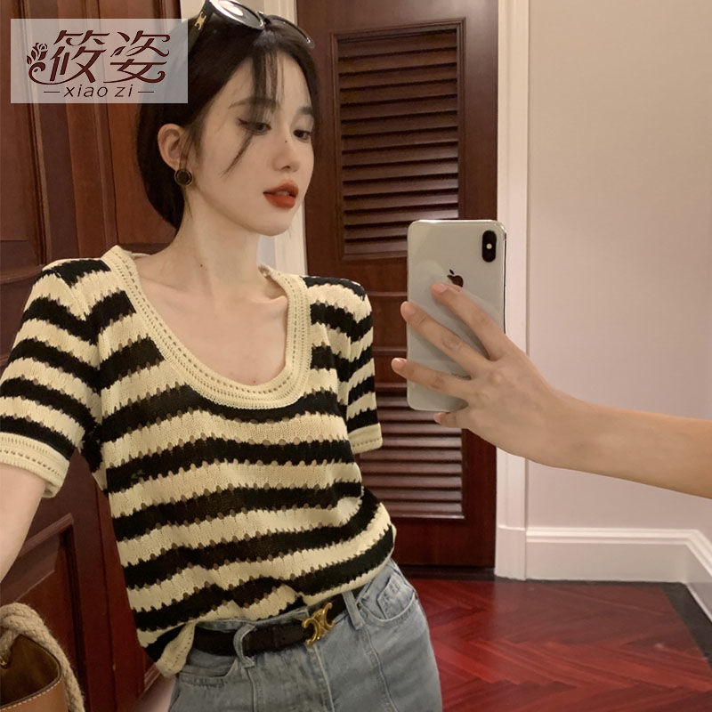 筱姿復古條紋正肩顯瘦別致短袖t恤女針織半袖ins寬鬆冰絲夏季上衣