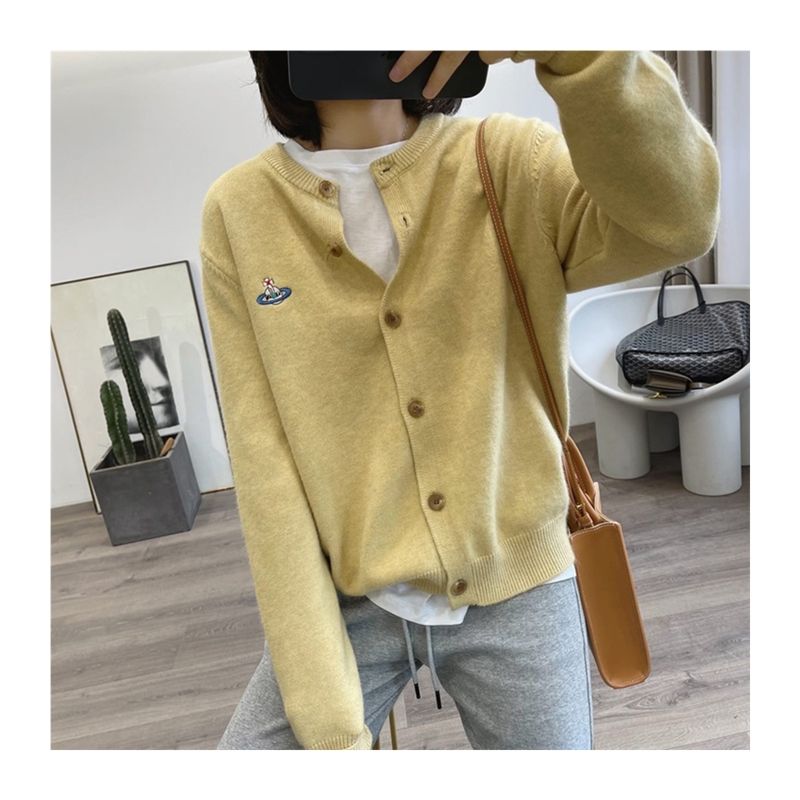 Yellow knitted cardigan women's 2023 autumn and winter new foreign style age-reducing embroidery round neck top soft waxy sweater coat trendy