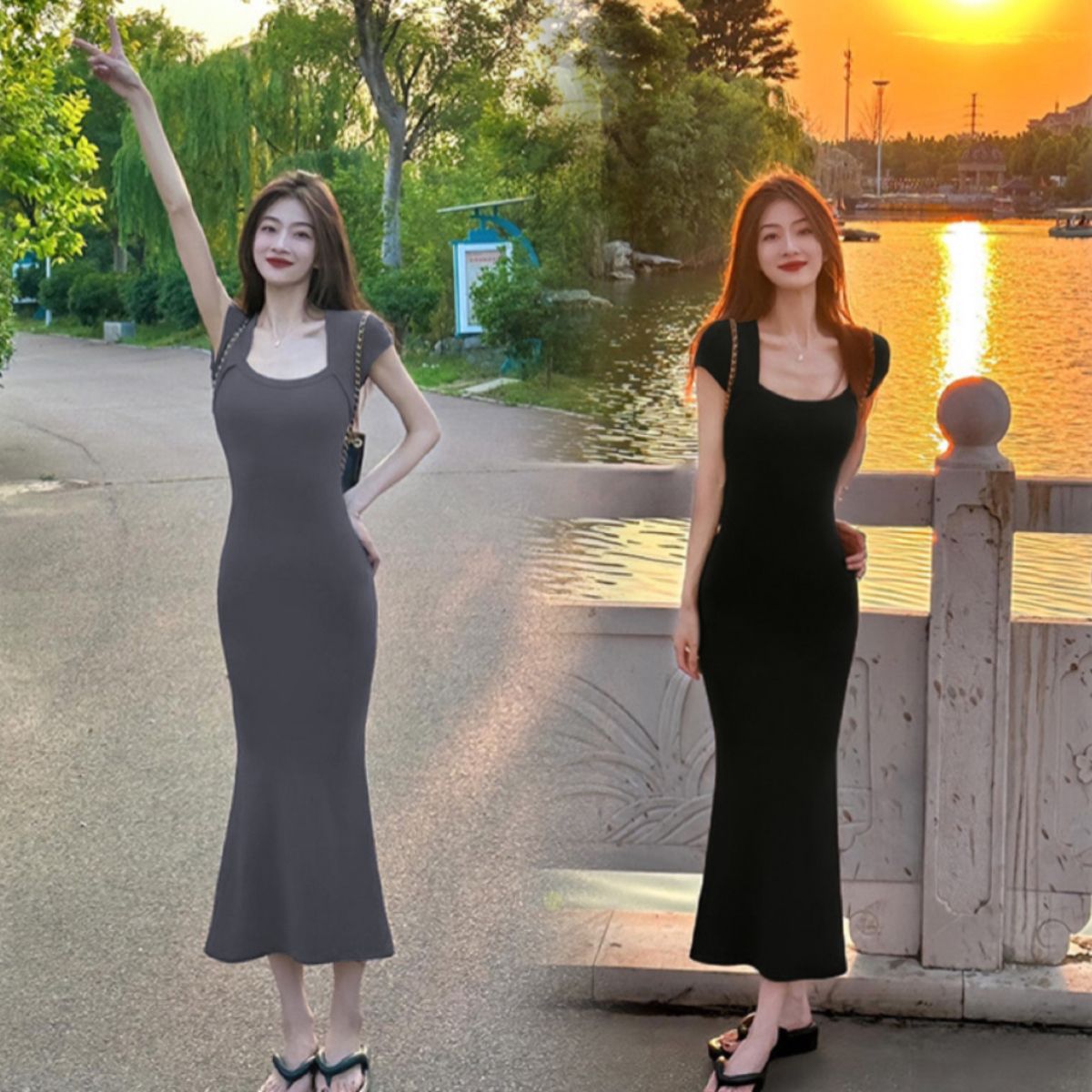 純欲辣妹魚尾連衣裙女裝夏季法式收腰修身顯瘦包臀長裙緊身後媽裙
