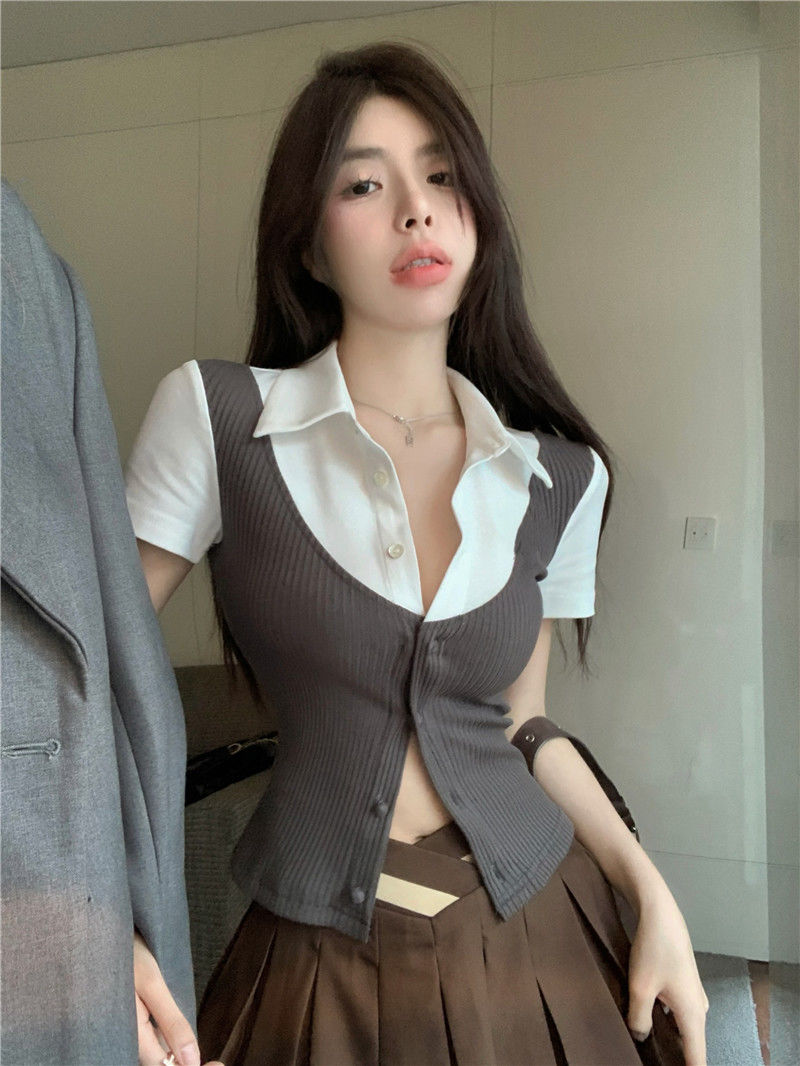 美式復古純欲假兩件拼接短袖襯衫女夏季短款修身小眾襯衣開衫上衣