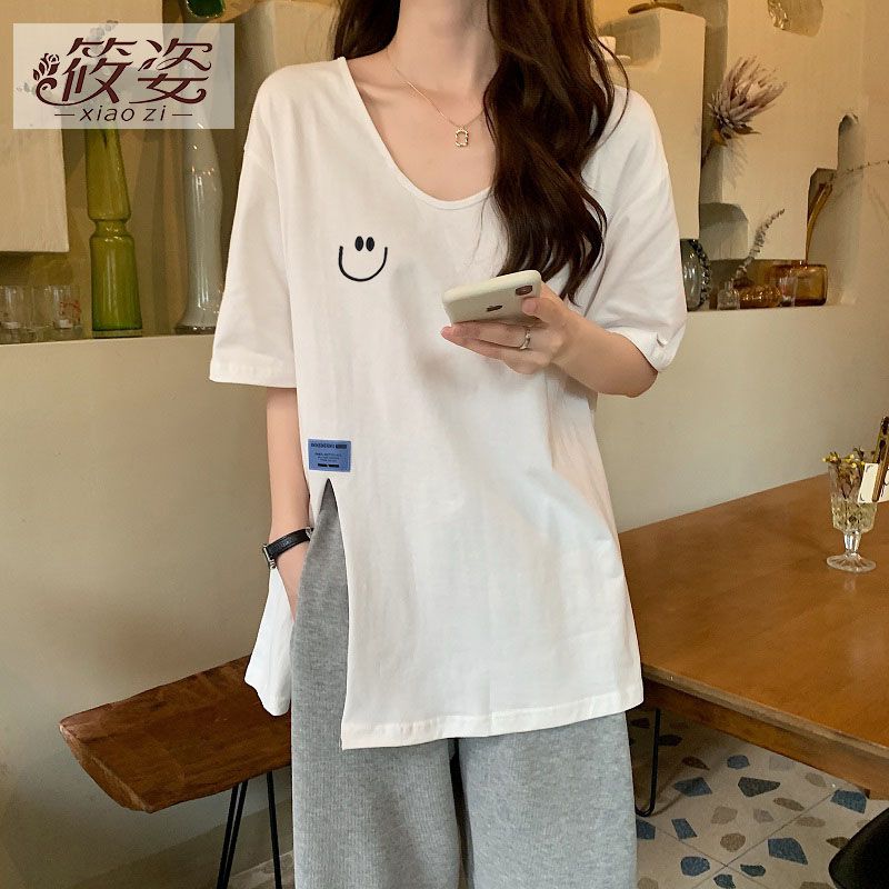 筱姿正肩設計感開叉短袖t恤女2023年夏季新款中長款大碼顯瘦上衣