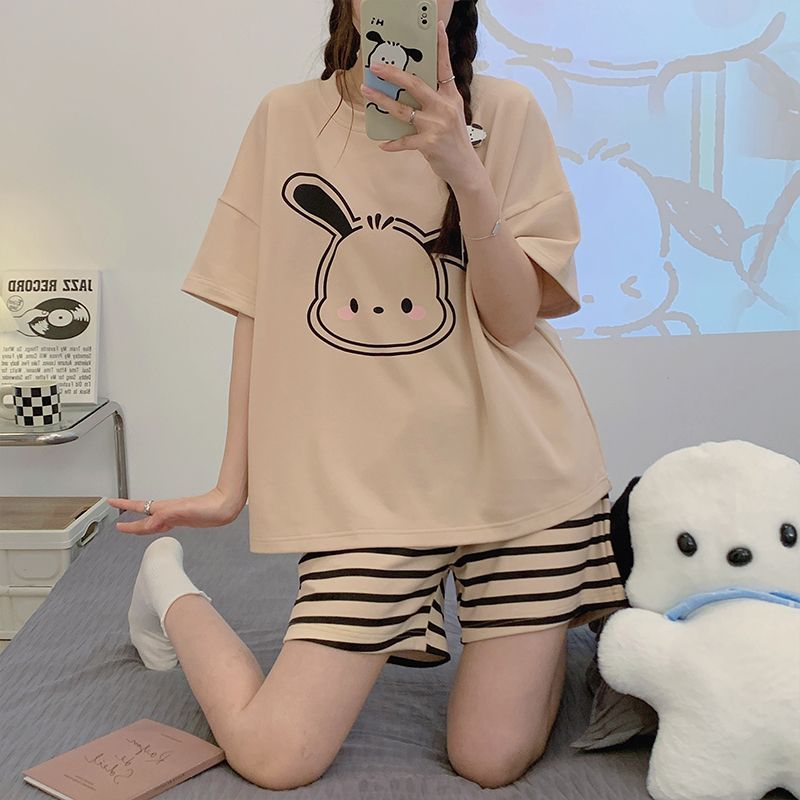 睡衣女夏季天純棉條紋短袖套裝ins卡通帕恰狗小個子可外穿居家服