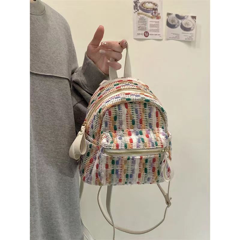 彩虹針織網紅雙肩包2023春夏新款高級感小眾旅行背包時尚迷你小包