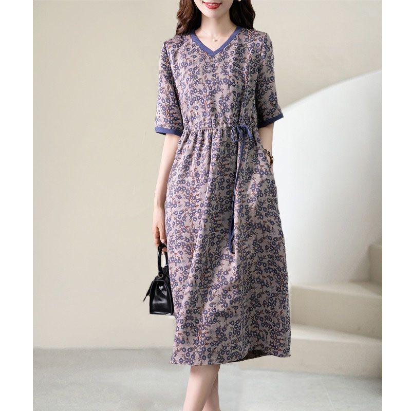 高端苧麻連衣裙女夏季薄款2023新款韓版氣質洋氣顯瘦減齡碎花裙子