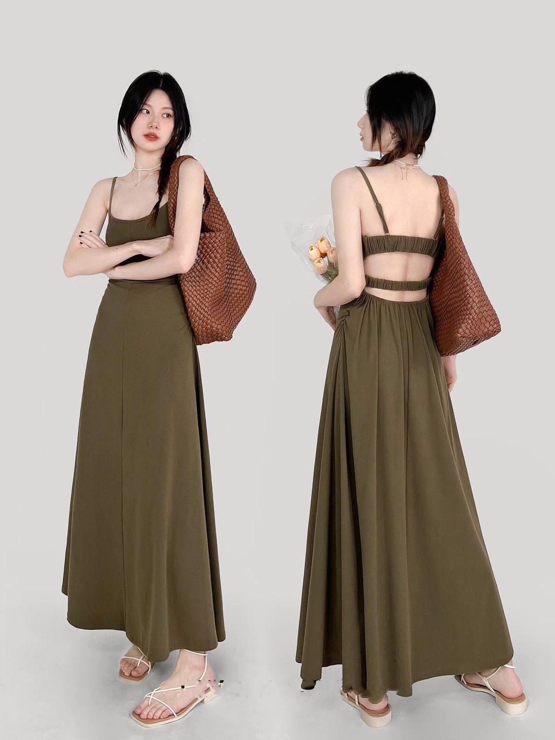 [Turn around and fall] French waist-revealing suspender dress, vacation style, white and waist-showing slender skirt, sweet and spicy sexy skirt