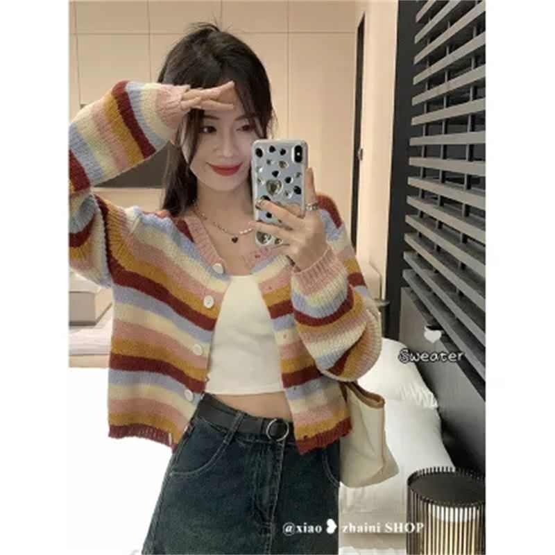 韓系彩虹條針織開衫毛衣外套女春秋季新款溫柔寬鬆圓領短款上衣
