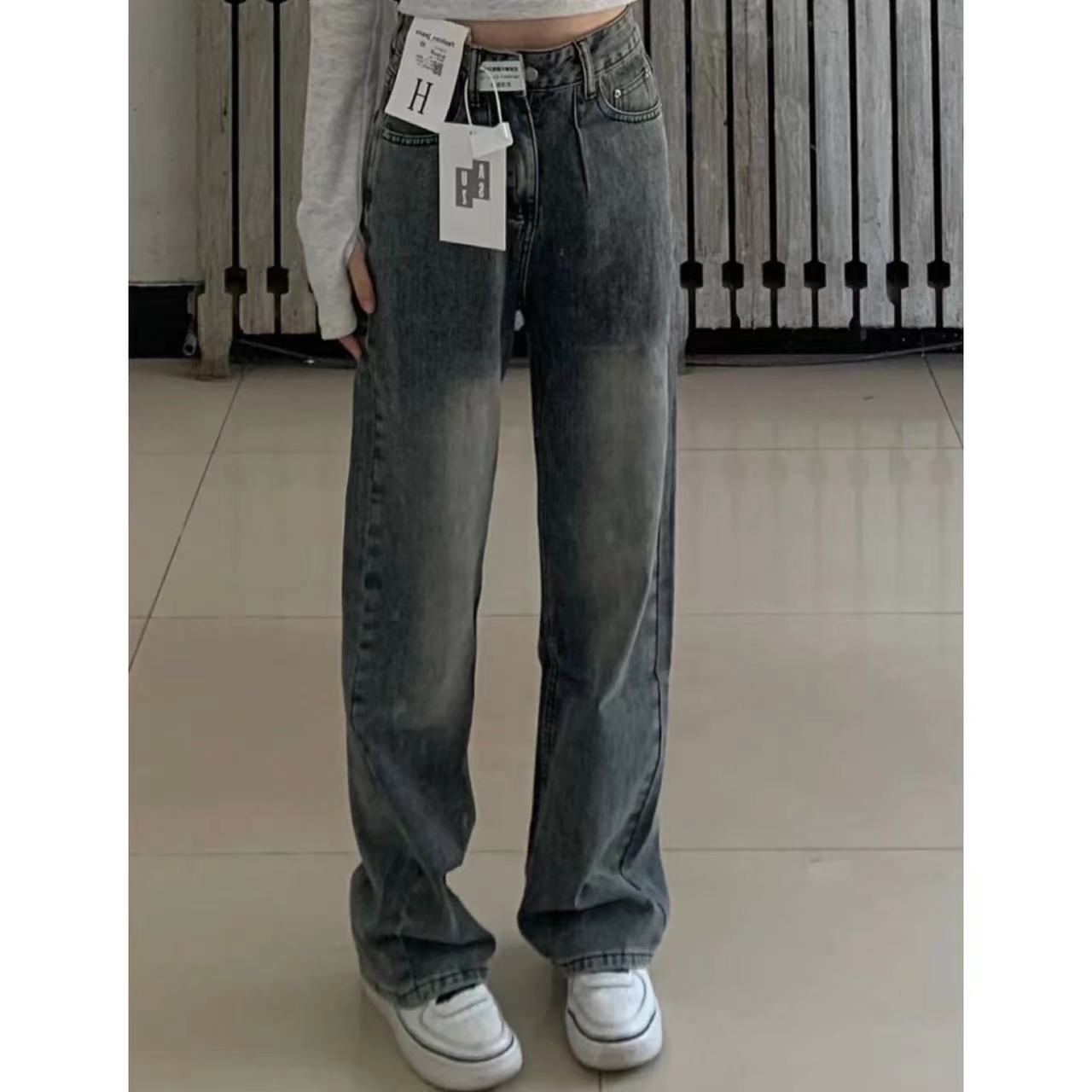 水洗復古高腰牛仔褲女2023新款直筒寬鬆顯瘦梨形身材闊腿褲子秋季