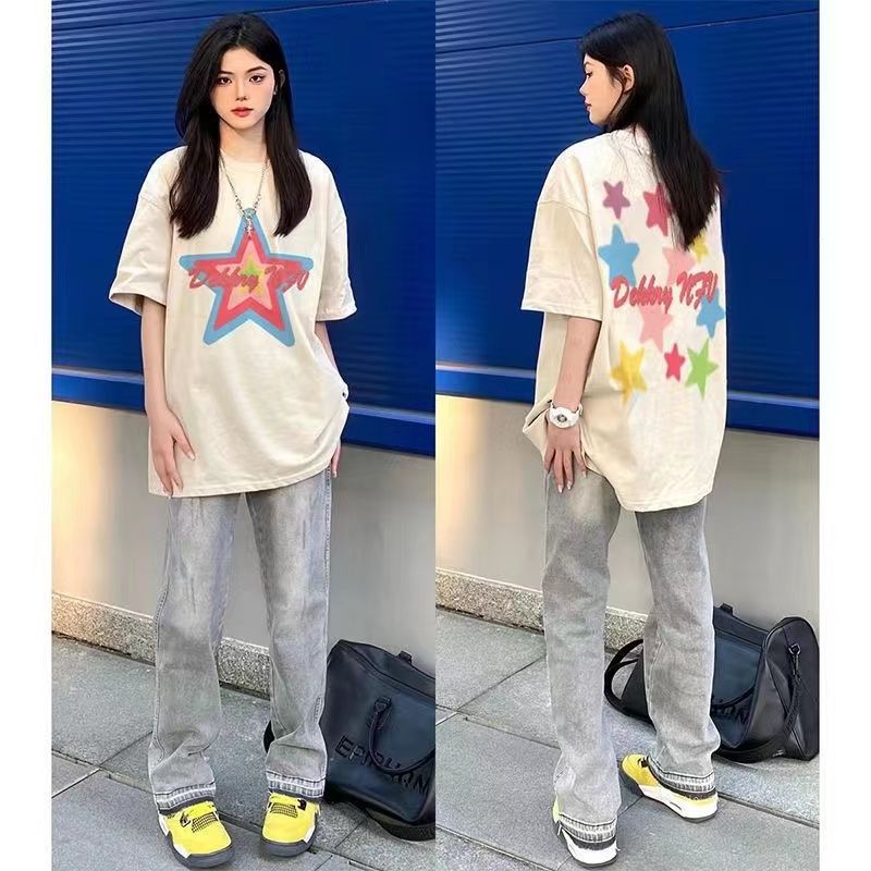 美式高街星星字母印花重磅純棉短袖T恤女夏季寬鬆情侶圓領上衣潮