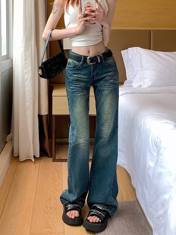 美式高街低腰微喇牛仔褲女秋季新款復古做舊修身顯瘦直筒喇叭褲子