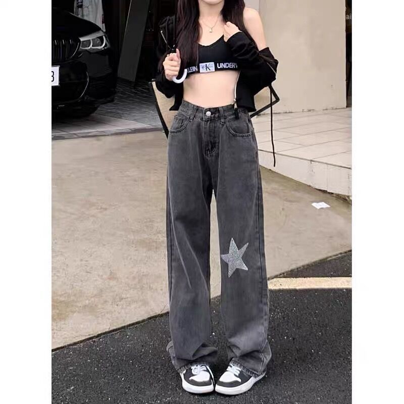 設計感ins星星牛仔褲女oversize春夏季新款高腰直筒韓版闊腿長褲