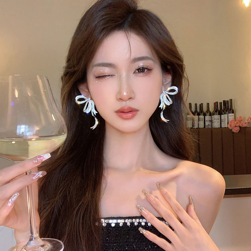 純銀耳釘滿鑽蝴蝶結女銀針冷淡風耳環輕奢小眾設計感高級感耳飾潮