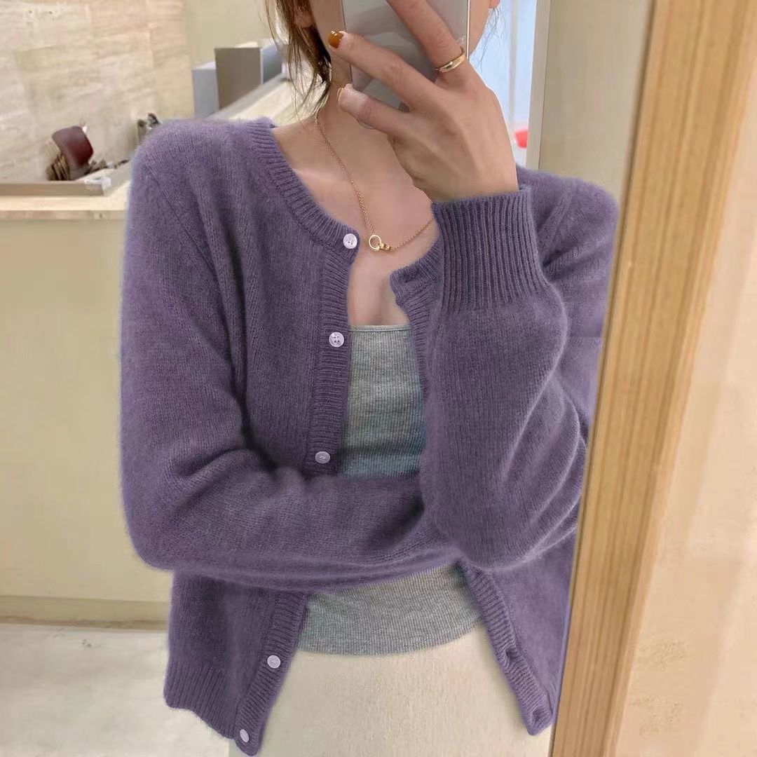 Raccoon fur purple solid color short female 2023 autumn and winter new soft waxy round neck sweater sweater jacket]
