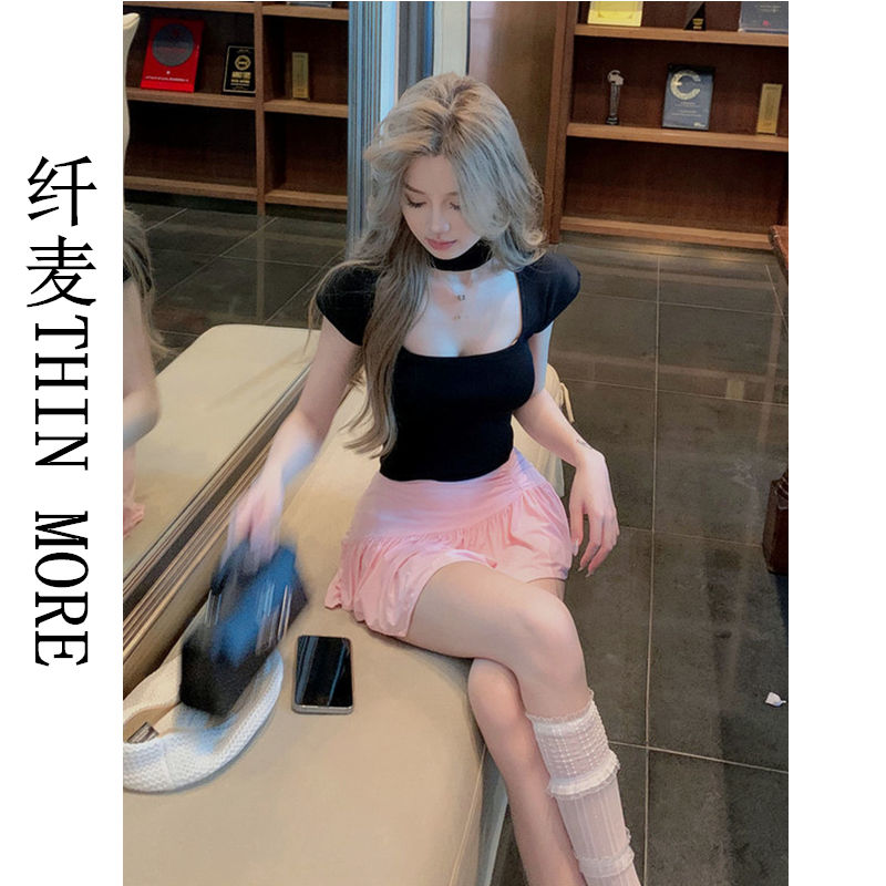 纖麥THIN MORE短款別致辣妹上衣設計感小眾鏤空短袖針織衫女夏季