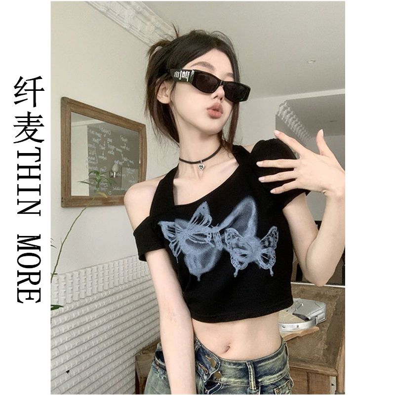 Fianmai THIN MORE hot girl off-shoulder halterneck short-sleeved T-shirt women's summer new design butterfly short top