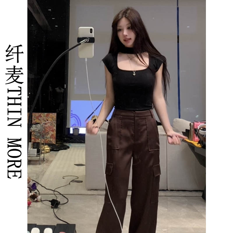 Fianmai THIN MORE Summer Dopamine Scoop Collar Black Small Fly Sleeve Short Sleeve T-shirt Women's Design Short Top