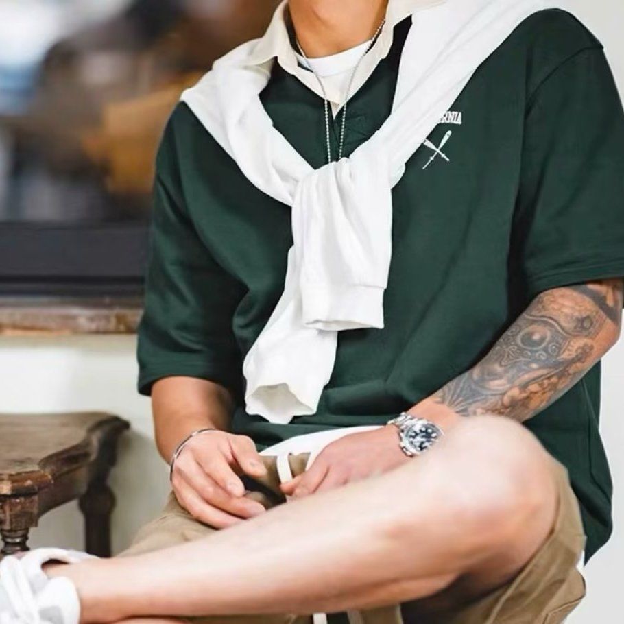 美式復古撞色polo衫新款短袖寬鬆刺繡學院風翻領半袖t恤男夏季