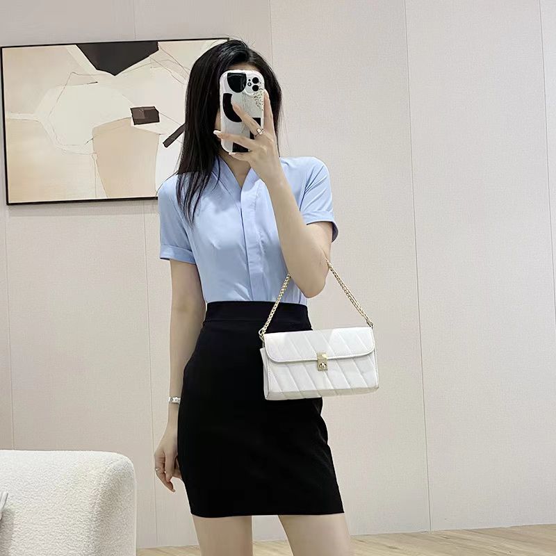 職業套裝女夏季短袖v領修身藍襯衫工作服套裙正裝氣質前台工作服