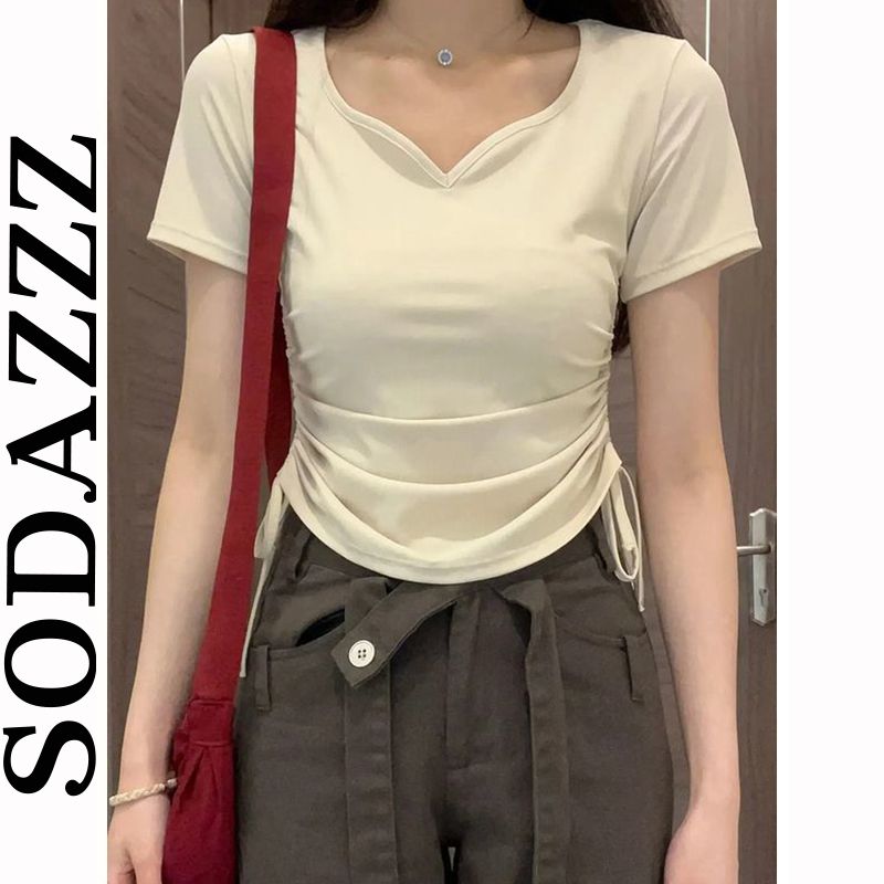 V-neck right shoulder short-sleeved T-shirt for women in summer slimming drawstring design niche unique hot girl short top trend
