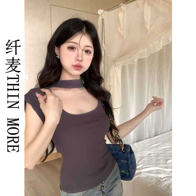 Fianmai THIN MORE square collar black short-sleeved t-shirt for women summer new pure desire design slim short top