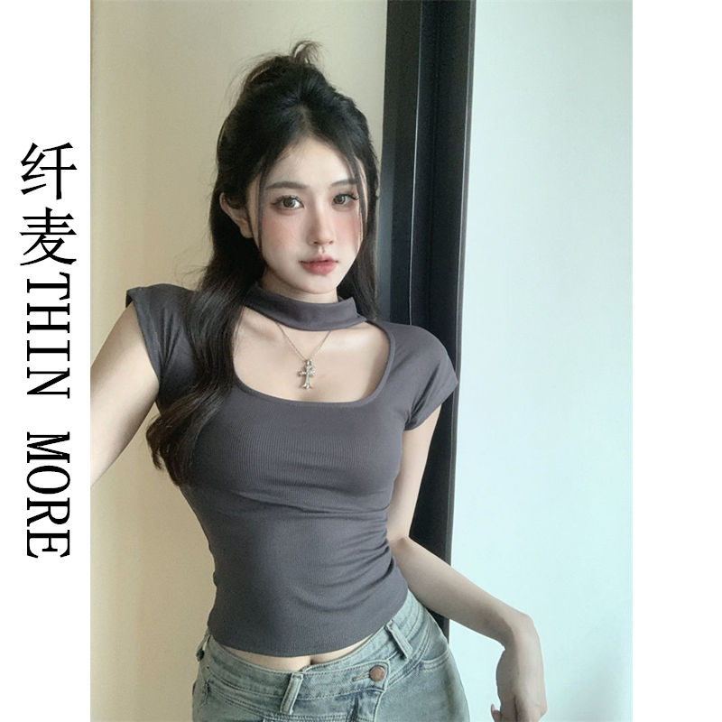 Fianmai THIN MORE square neck short-sleeved t-shirt women's summer sweet hottie waist tight short top bottoming shirt