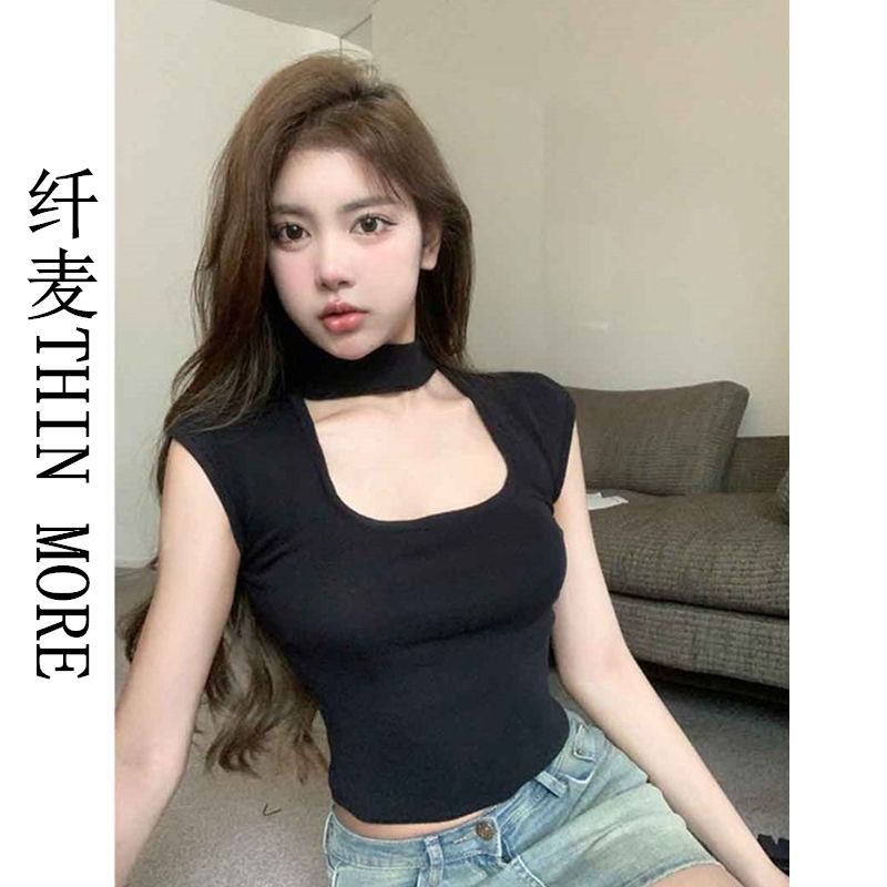Fiber wheat THIN MORE short-sleeved knitted t-shirt for women summer new sweet hottie elastic hollow slim short top
