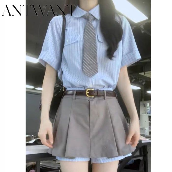 ANTWANT藍色短袖襯衫女夏2023新款氣質襯衣小個子學院風上衣套裝