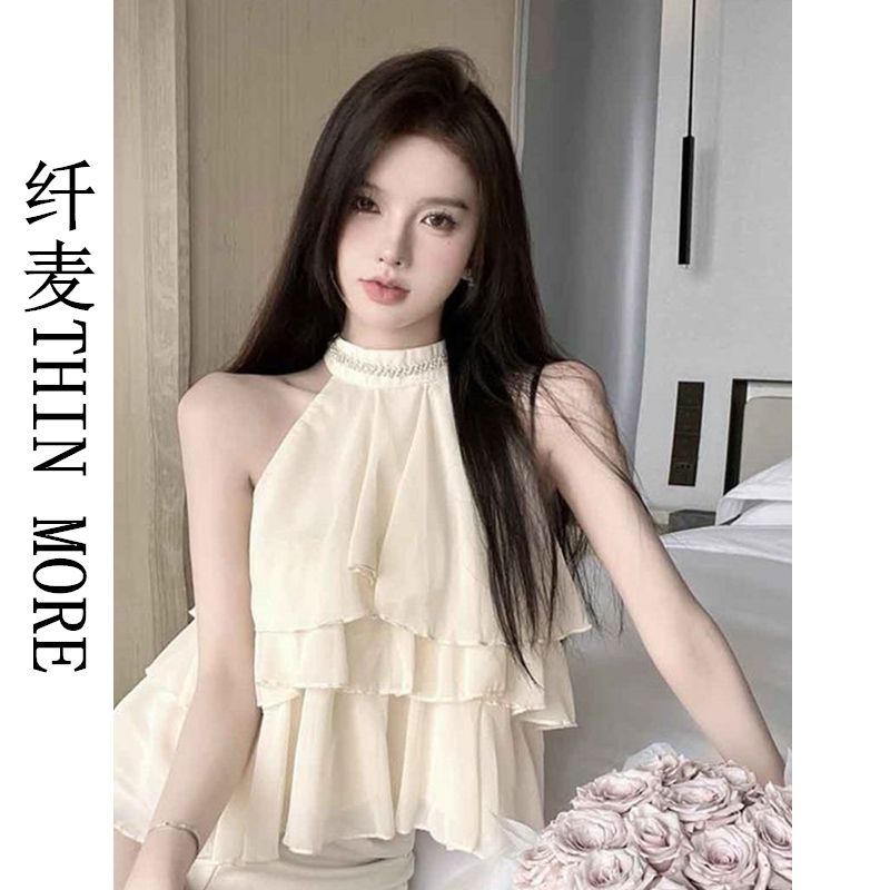 纖麥THIN MORE甜辣妹挖肩襯衫女夏季掛脖荷葉邊設計感不規則上衣