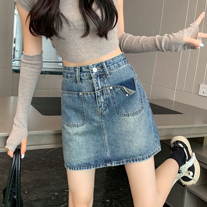 復古高腰牛仔半身裙大碼女小眾設計感A字裙2023夏季防走光包臀裙
