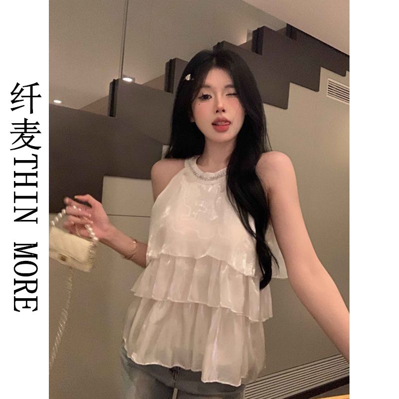 纖麥THIN MORE法式掛脖露肩背心女夏小眾設計感甜美風荷葉邊上衣