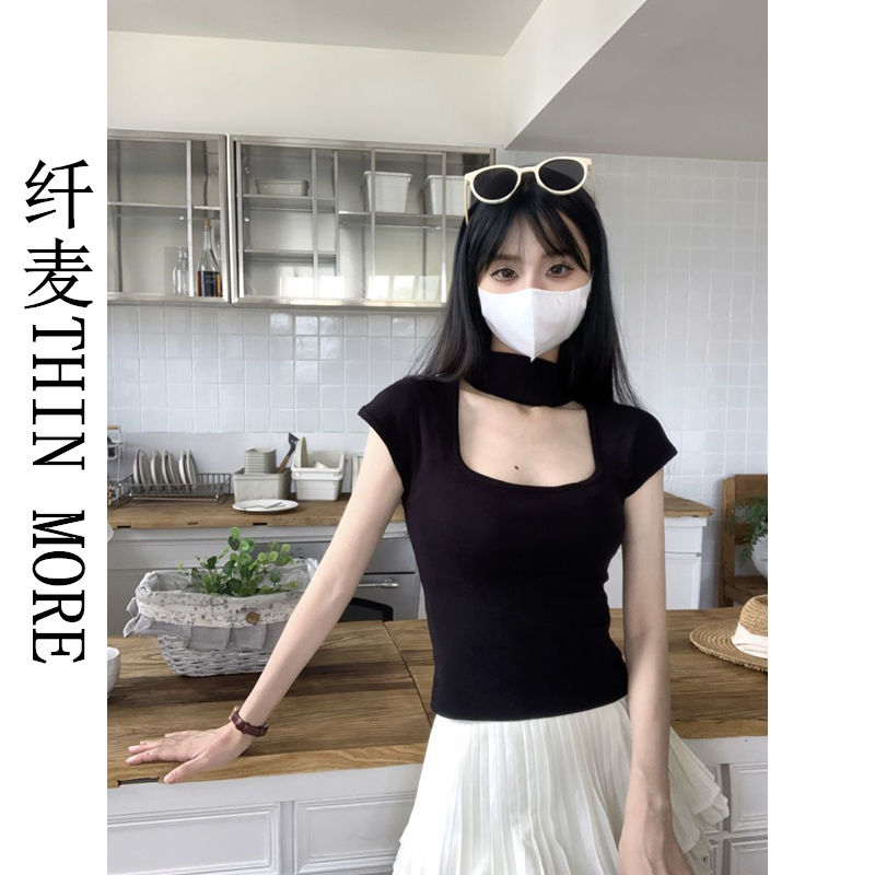 纖麥THIN MORE設計感鏤空方領短袖t恤女夏辣妹短款內搭薄款上衣潮