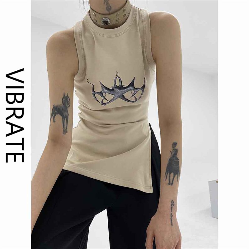 VIBRATE美式原創設計 異形LOGO夏季圓領開衩印花背心 黑/杏ins潮