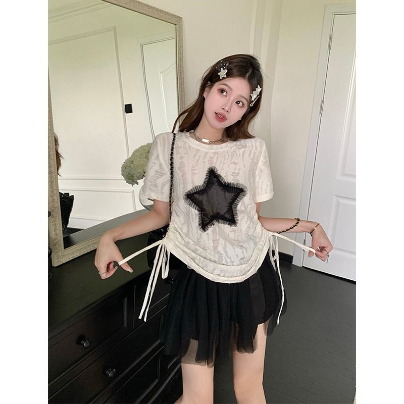 原版面料甜辣妹星星抽繩綁帶短袖T恤女夏設計感修身顯瘦短款上衣