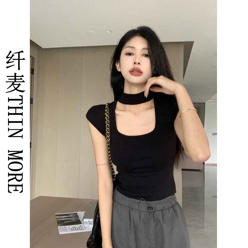 纖麥THIN MORE方領短袖t恤女裝夏季甜辣妹收腰顯瘦短款打底衫上衣