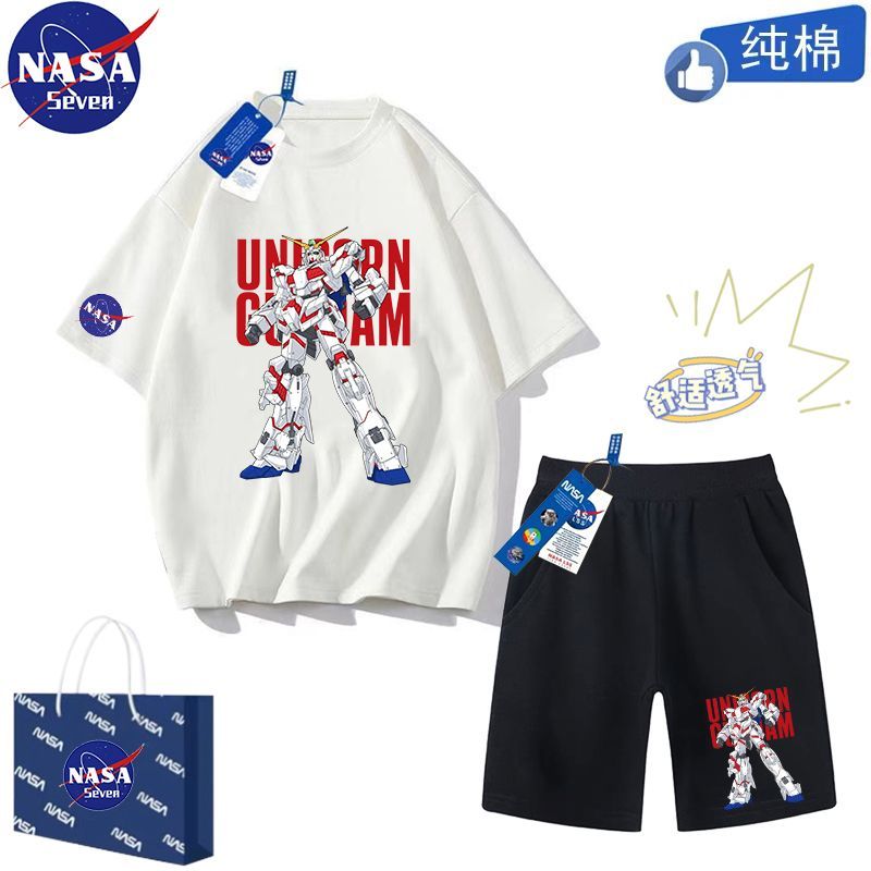 NASA Mobile Suit Gundam children's suit summer pure cotton T-shirt men's breathable cartoon short-sleeved shorts two-piece set