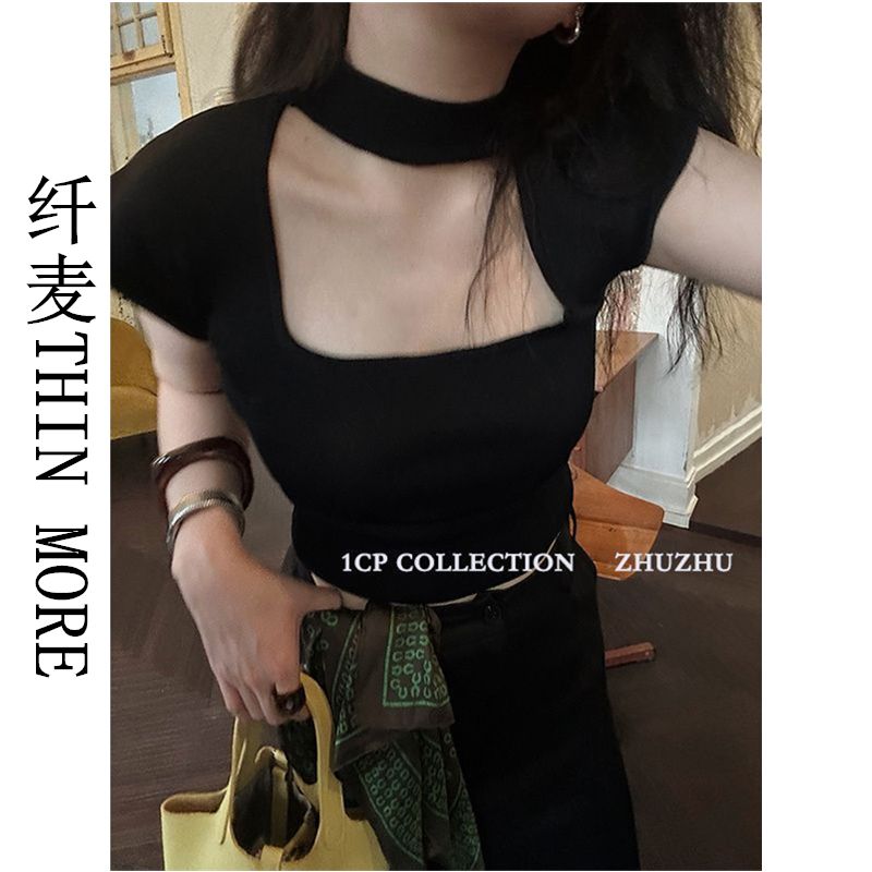 Fianmai THIN MORE black design square neck knitted top women's fashionable summer new neck collar sleeveless T-shirt
