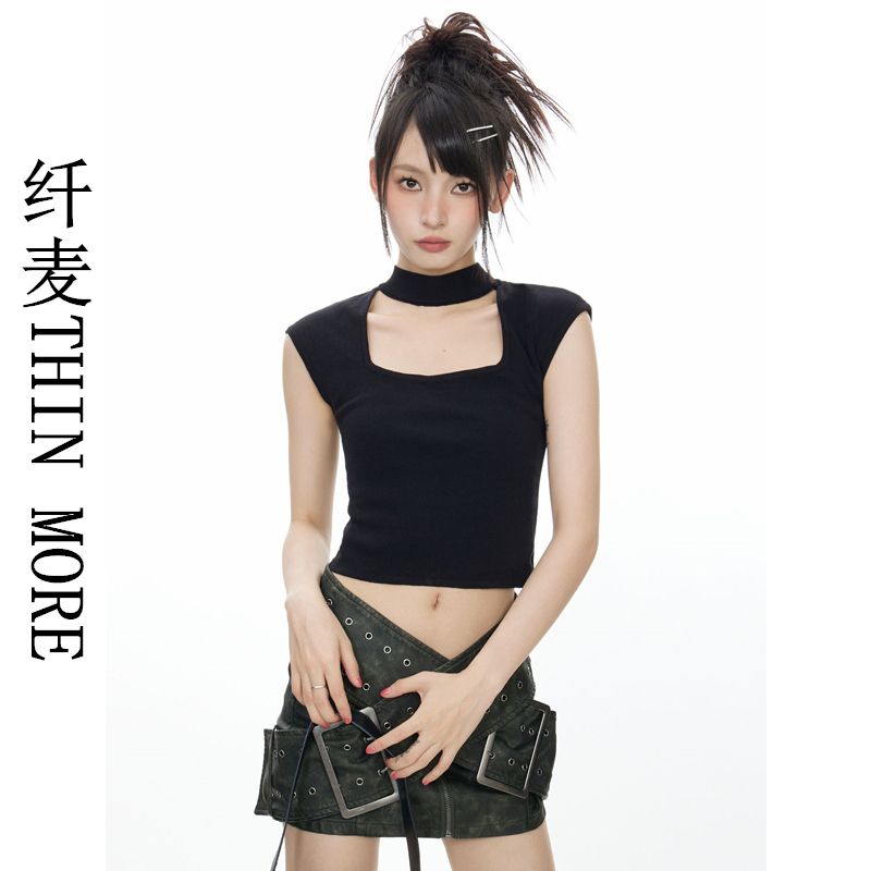 纖麥THIN MORE黑色針織正肩掛脖無袖t恤女夏短款修身方領短袖上衣