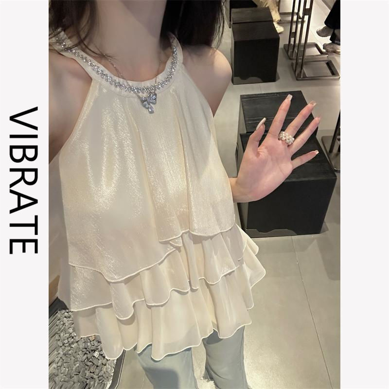 VIBRATE夏季設計感小眾氣質露肩襯衫甜美辣妹荷葉邊掛脖無袖上衣