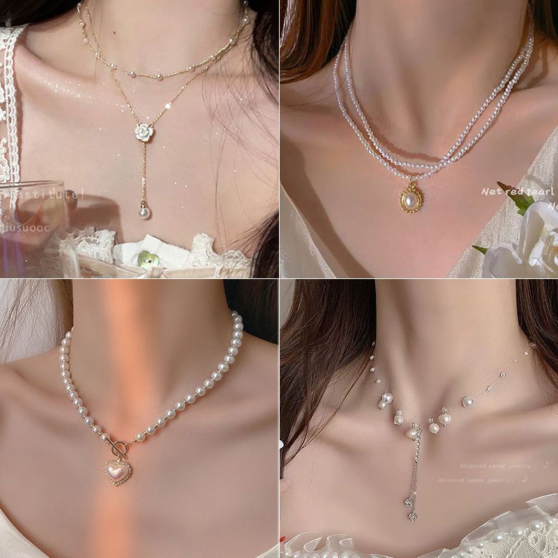 Light luxury and high-end double-layer pearl sunflower necklace women's niche design camellia temperament simple neck chain