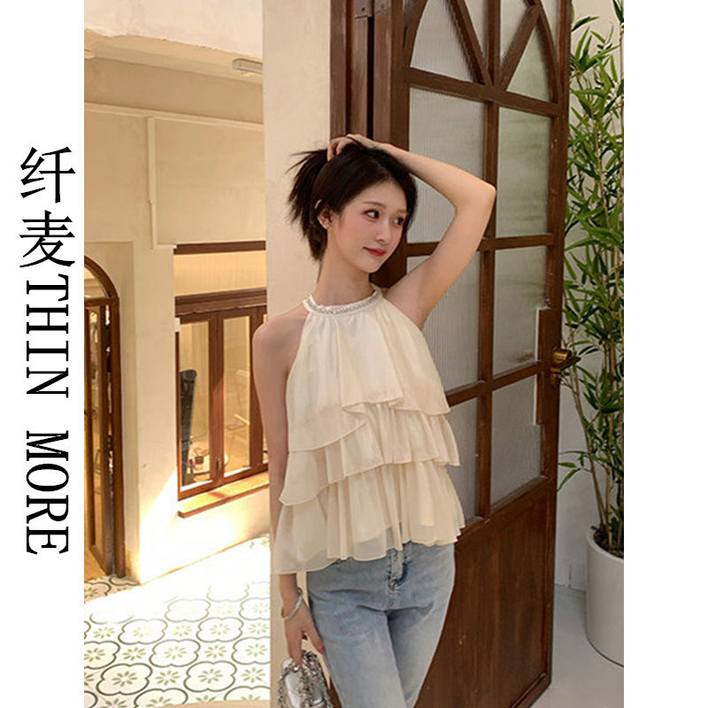 纖麥THIN MORE荷葉邊掛脖無袖上衣女夏季富家千金甜美水鑽雪紡衫
