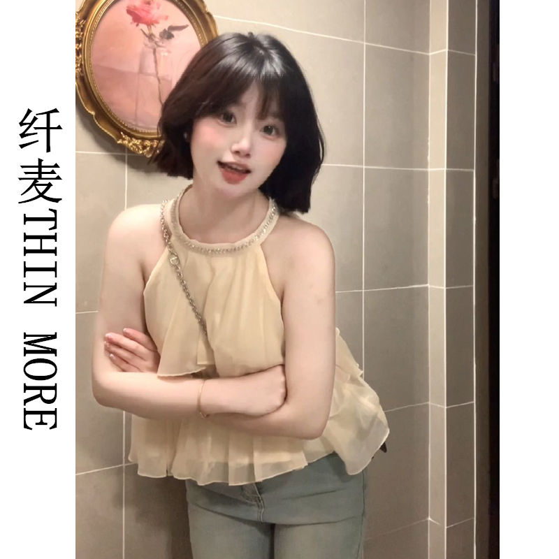 纖麥THIN MORE荷葉邊無袖上衣女夏季甜美掛脖背心超仙溫柔風吊帶