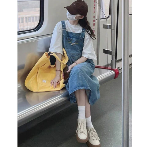 設計感小眾韓版鹽系工裝牛仔背帶裙夏季復古寬鬆顯瘦吊帶連衣裙女
