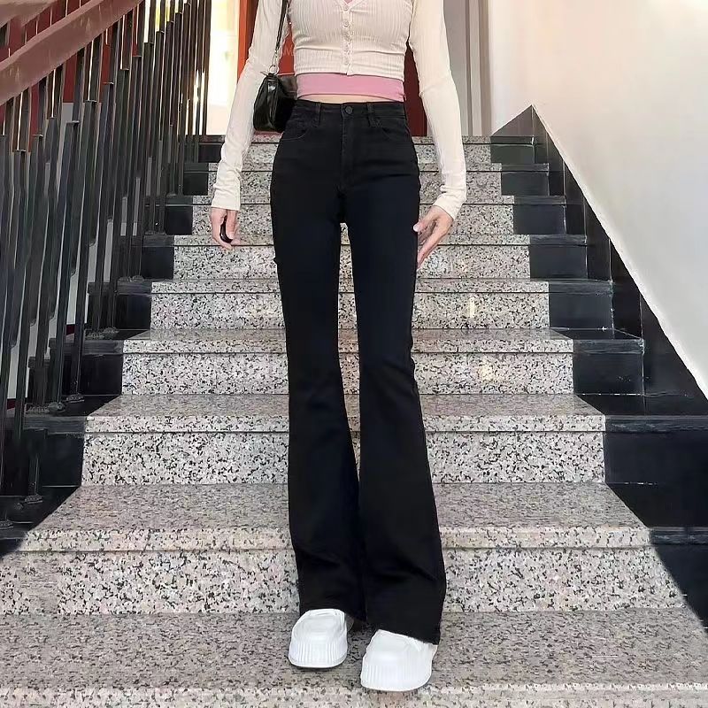 黑色牛仔微喇叭褲女修身顯瘦彈力拖地加長款百搭美式馬蹄褲子水洗