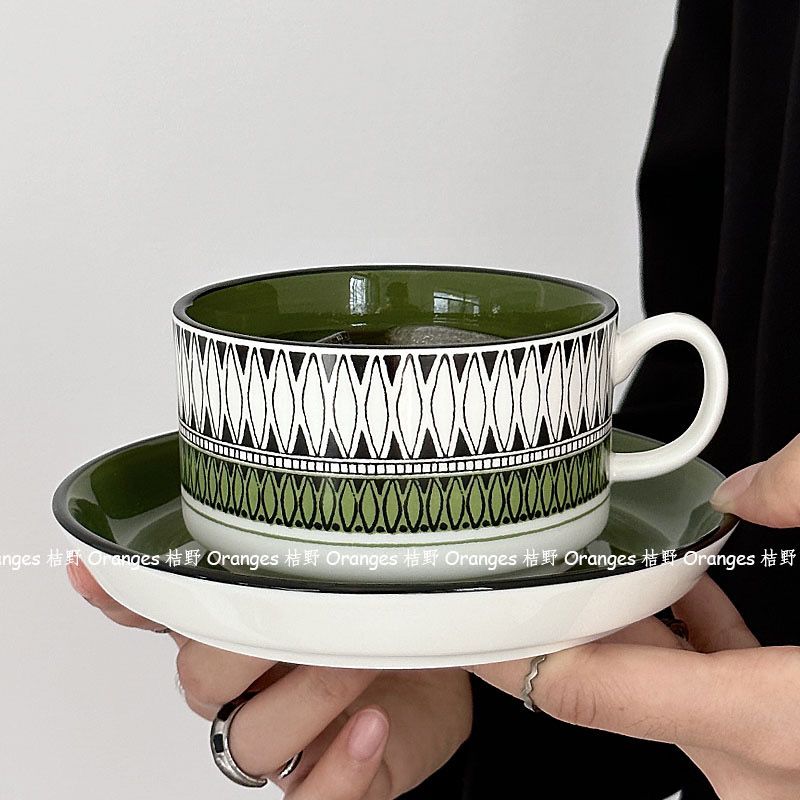芬兰中古手绘墨西哥系列咖啡杯碟复古拉花拿铁杯下午茶杯泼墨复古