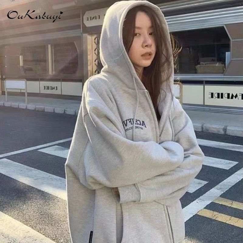 OUKA美式開衫拉鏈連帽衛衣女春秋薄款寬鬆慵懶風學生長袖外套上衣