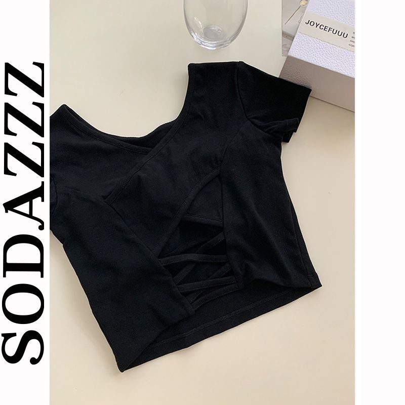 SODAZZZ right shoulder short u-neck short-sleeved t-shirt women's summer slim slim chic sweet and spicy design backless top